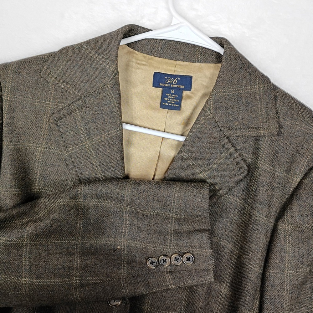 Brooks Brothers 346 Brown Plaid 100%‎ Wool Blazer Jacket Womens 14 Three Button